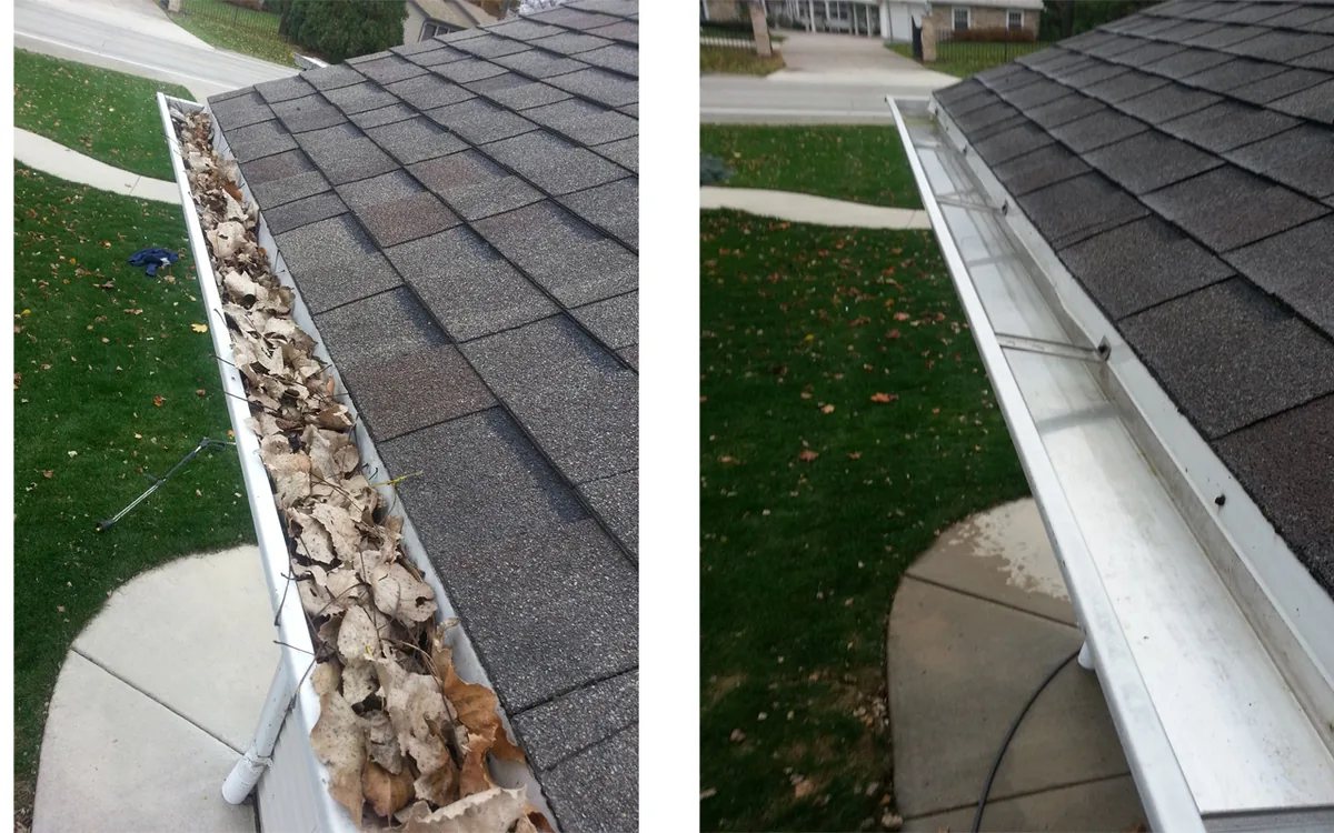 Before and after: a gutter packed with leaves, then cleared and flushed clean