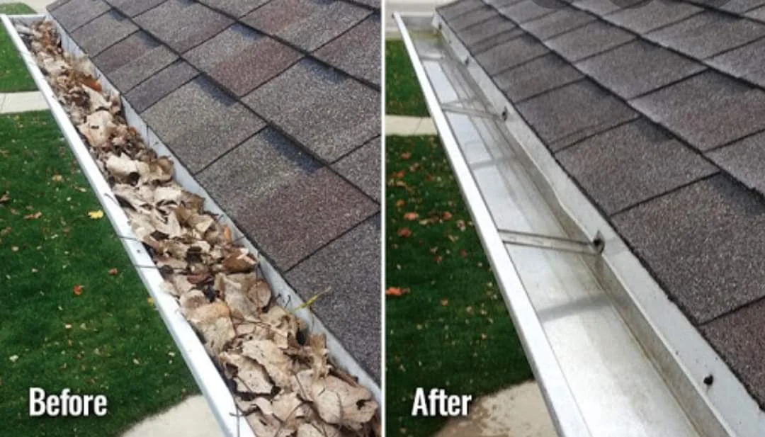 Before and after: an overflowing gutter cleaned out and fitted with guards